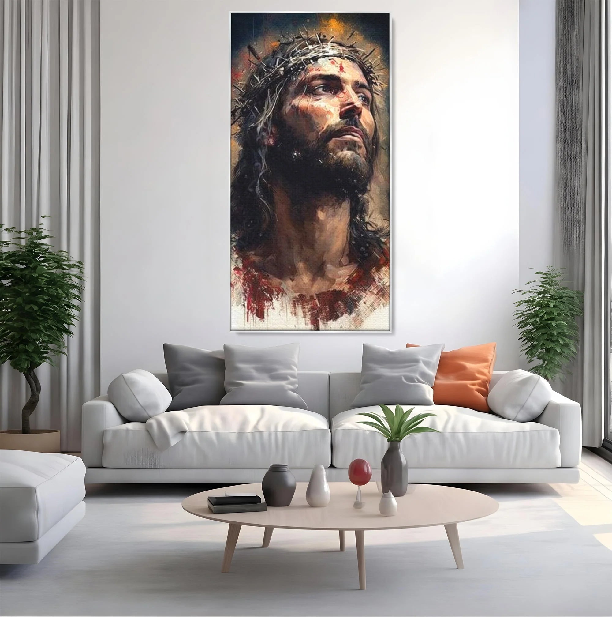 Tablou canvas cu tablou cu iisus purtand coroana de spini, in rama de aluminiu argintiu, pe perete intr-un living